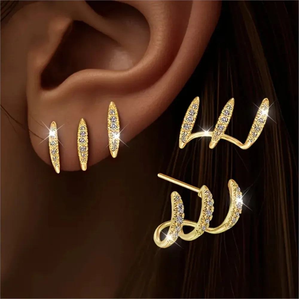 2pcs Elegant Rhinestone Three-Claw Earrings for Women Luxurious & Cute