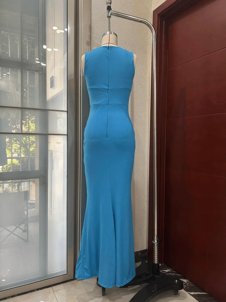 Sexy Hot Girl Party Dresses Solid Color Hollow Out Folds Package Hip Slim Sleeveless Long Dress Lady Club Parties Prom Vestidos