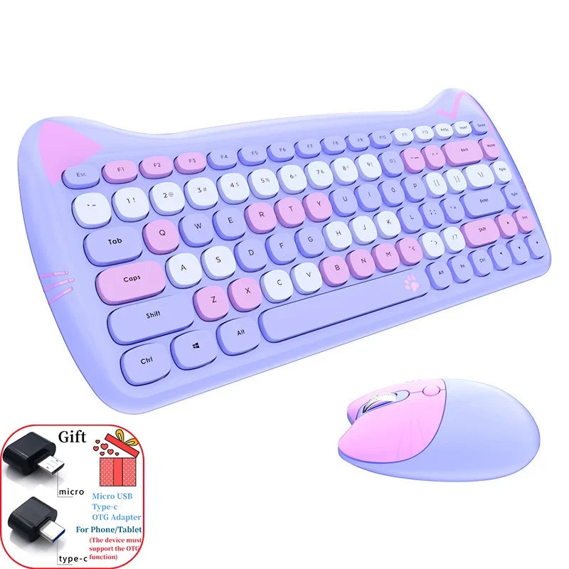 MOFII Kawaii Cat 2.4G Wireless Keyboard and Mouse Set Cute Lipstick Punk Keyboards and Mice Combos for Laptop PC Home Office