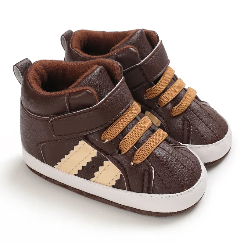Baby Learning Walk Shoes, Striped PU Sports Shoes for Infants 0-18M, Soft Sole Lightweight Casual Footwear