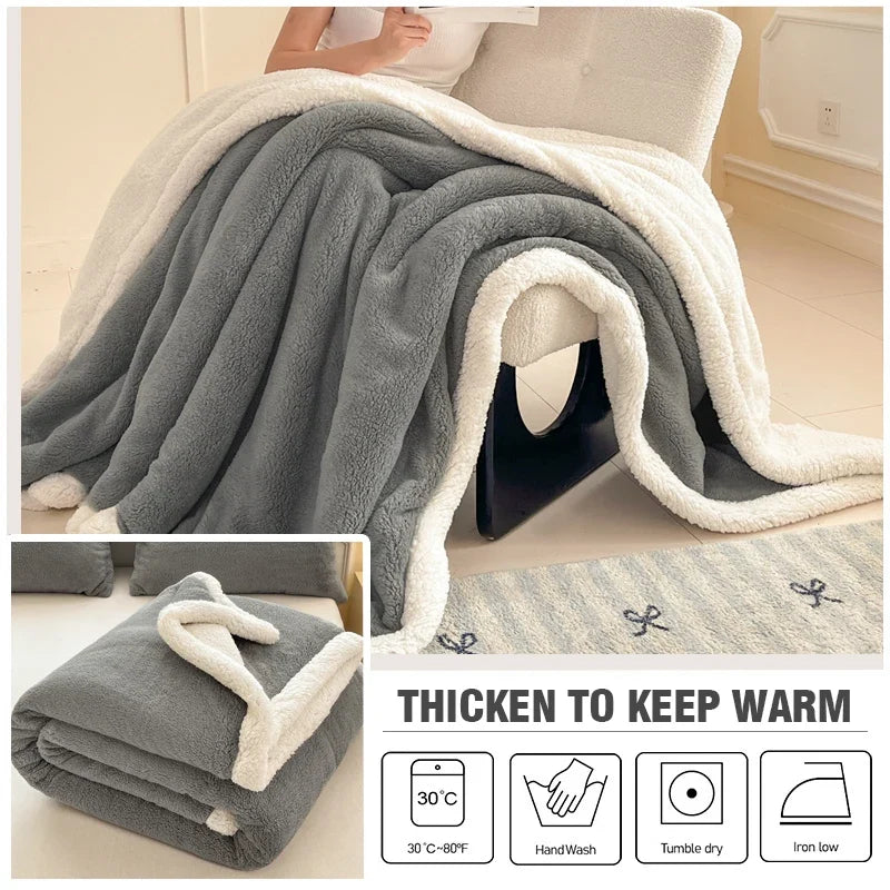 Thickened Double-layer Lamb Fleece Flannel Blanket for Bed Office Air Conditioning and Nap Throw Soft Blanket for Bedding Sofa