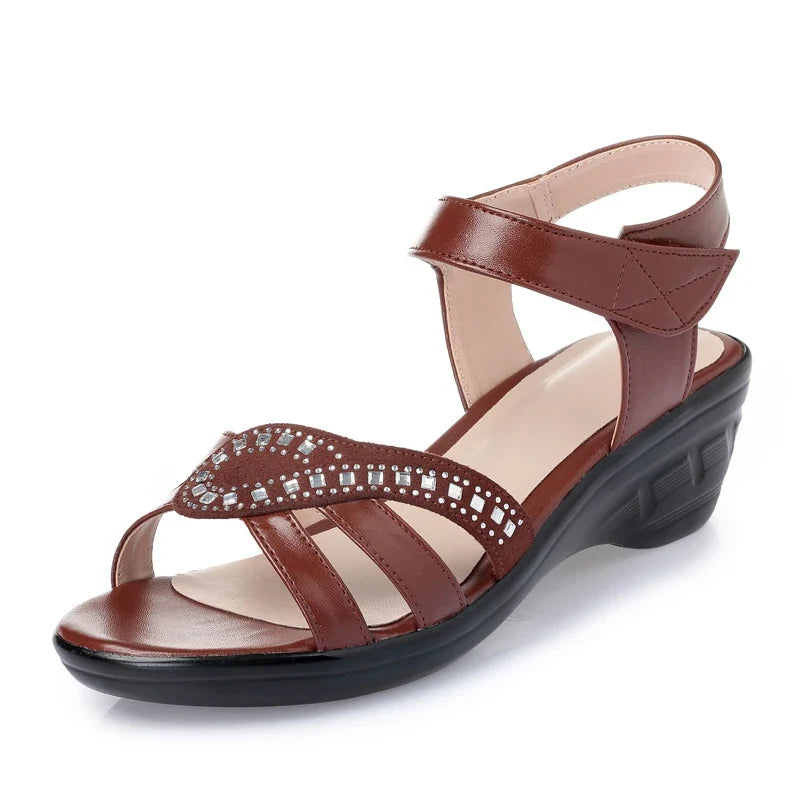 Women Spring Summer Rhinestone Wedge Sandals Comfort Mid Heel Anti-slip Soft Sole Elderly Mom Shoes Breathable Casual Ladies