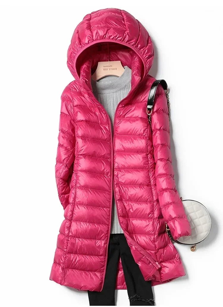 Plus Size Winter Womens Fashionable Outerwear Down Jackets Long Light Thin Coat Puffer Jacket Korean Slim Remove Hooded Parka