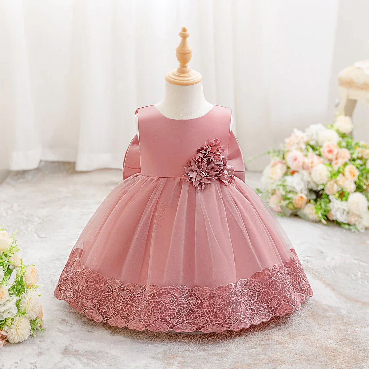 Toddler Flower Baby Wedding Princess Girls Dress Elegant Tulle Bridesmaids 1st Birthday Party Dresses Baby Bow Baptism Costumes