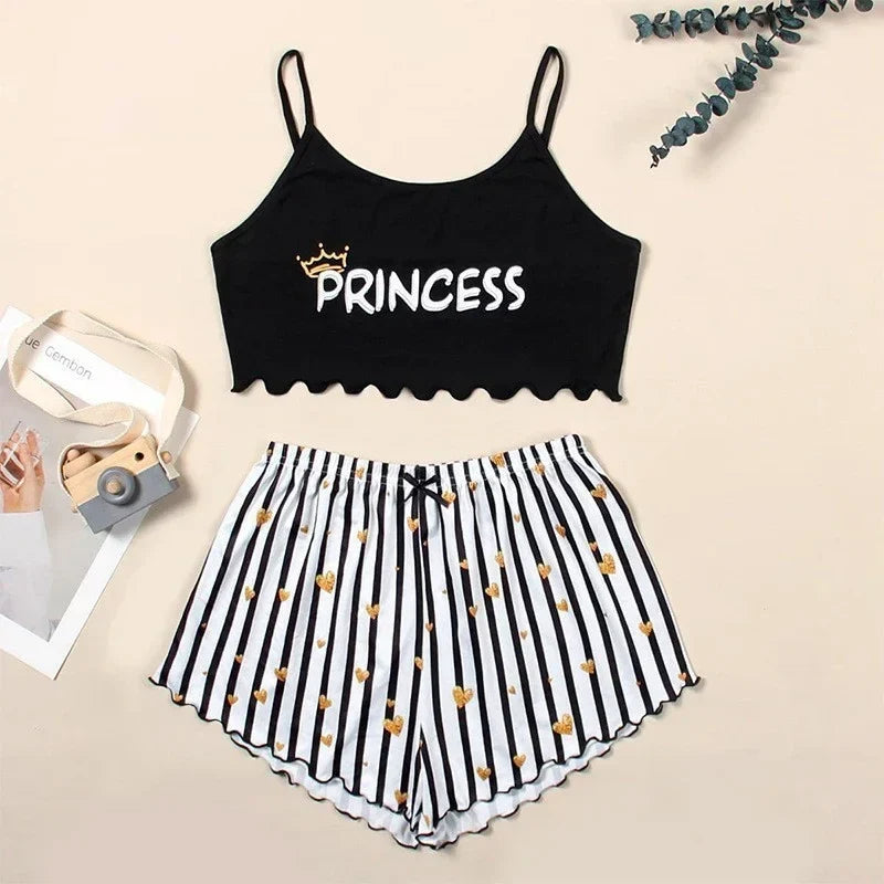 Summer Casual Pajamas Set for Women Sleepwear Sexy Lingerie Sleeveless Striped Tank Top Vest + Shorts Set Pijamas Homewear