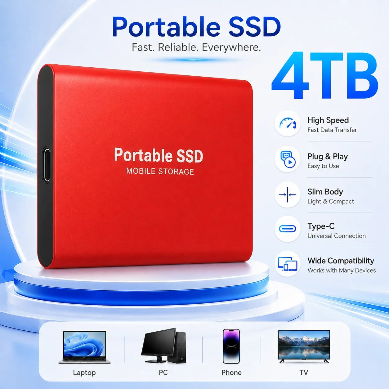 2TB External Hard Drive 4TB Portable SSD USB-C High-Speed Storage Disk for File Backup Compact & Durable