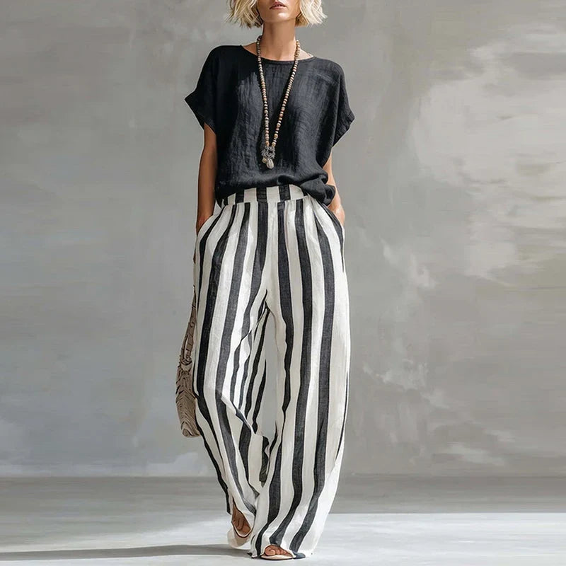Vintage Women Two Piece Set O Neck Loose Short Sleeve Women T-Shirts Striped Printed Pants Suit Women Summer Casual Outfits