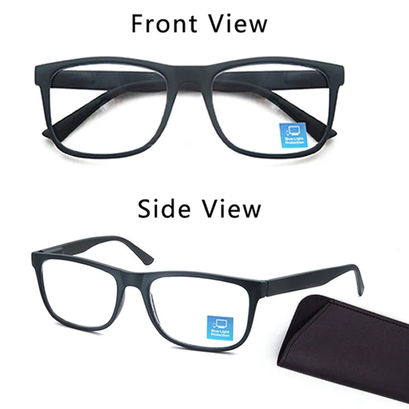 Extra-large reading glasses for men and women. Classic square frame. Blue light blocking glasses with prescription lenses.
