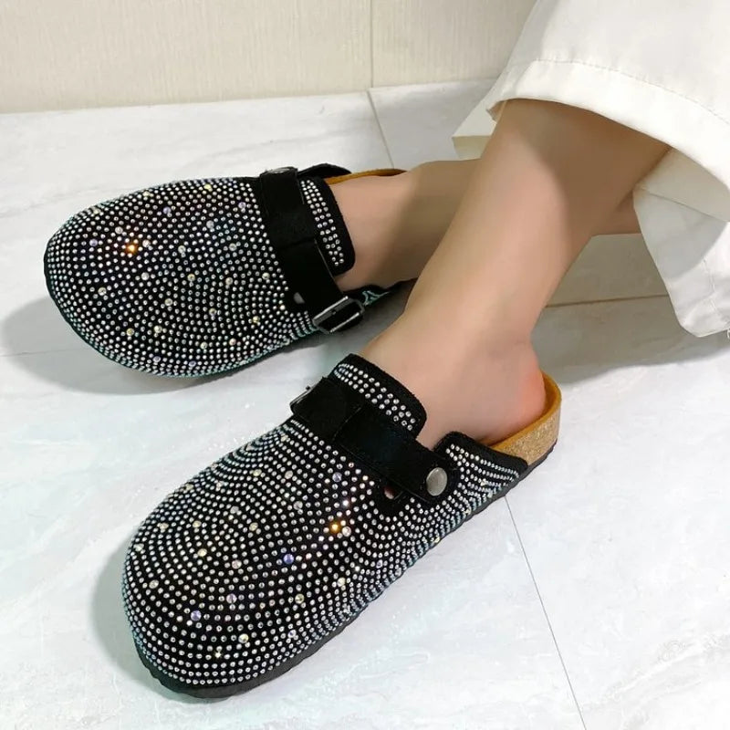 Shiny Rhinestones Outdoor Slippers Women's Shoes 2026 Summer Trend Luxury Platform Sandals Black Buckle Cork Clog Luxury Mules
