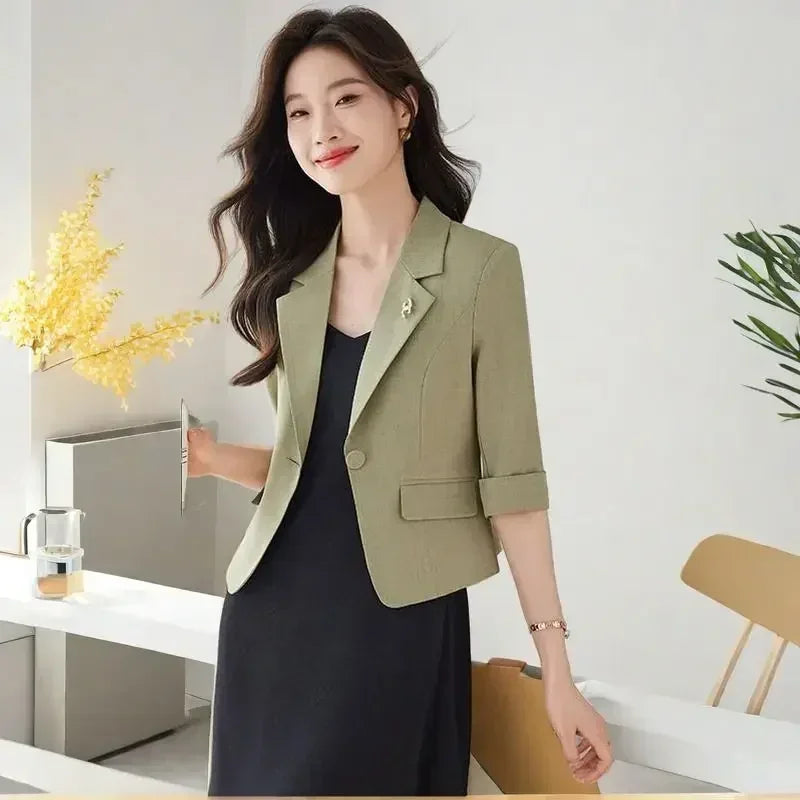 Blazer Negro para Mujer Blazer Ajustado Traje de Trabajo de Oficina para Dama Chaqueta Recortada Primavera Verano Diseño de Top Corto Abrigos Casuales Mujer Un Botón
