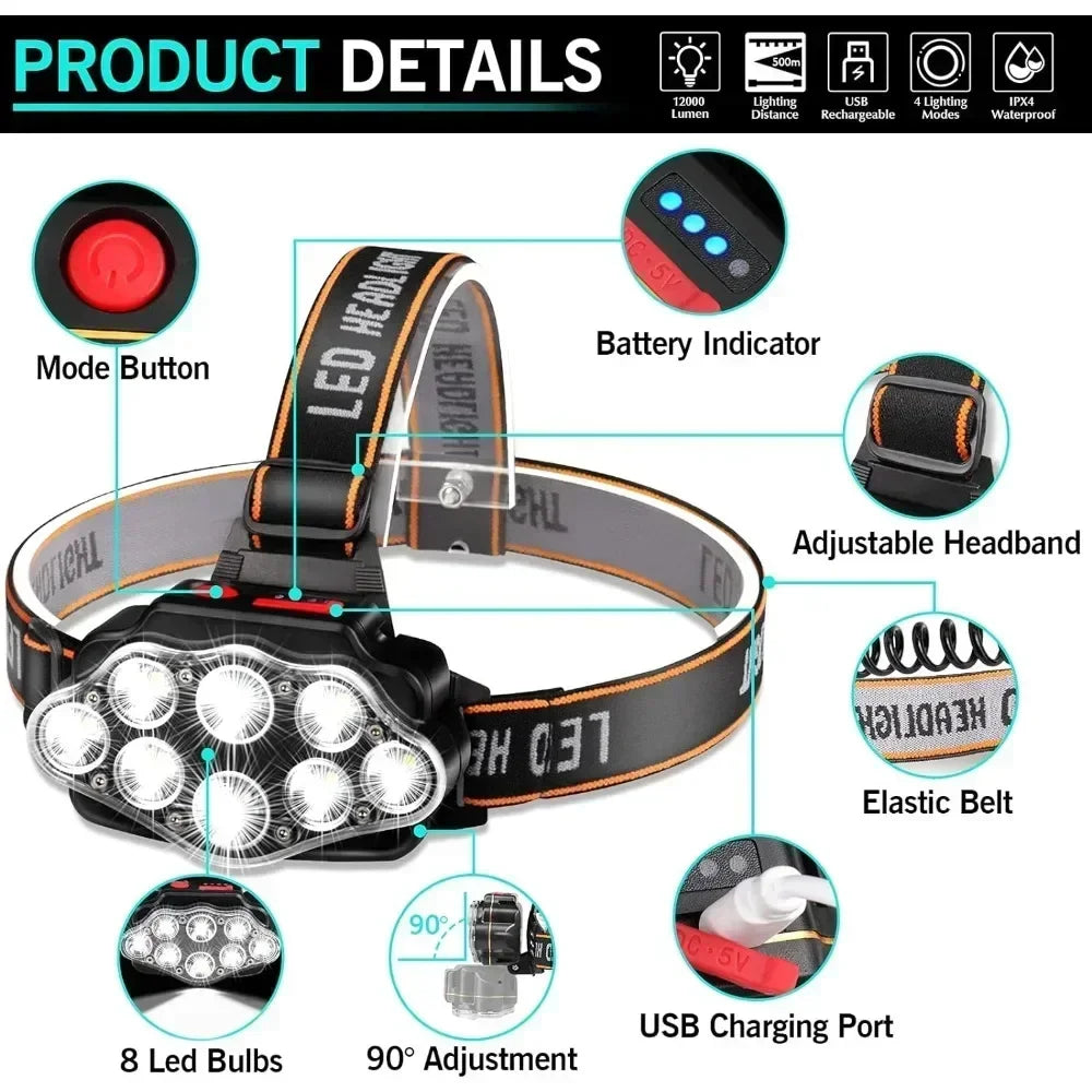 Linterna frontal recargable de 8 LED, potente faro para camping, pesca y senderismo