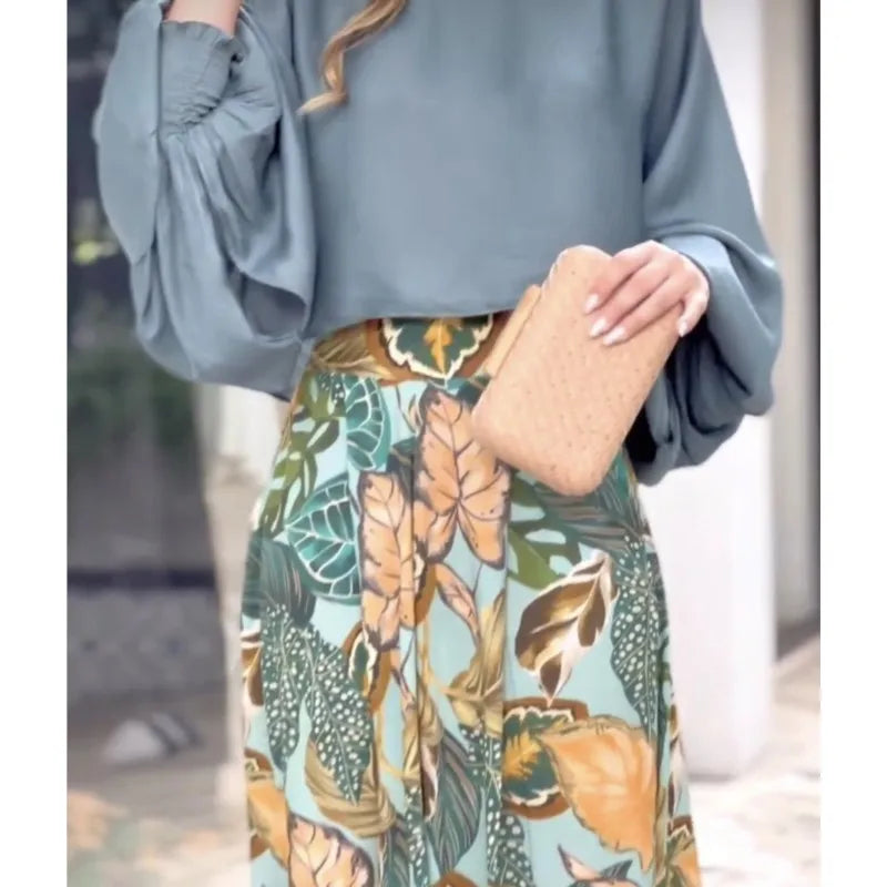 New Women's Clothing Set Lantern Sleeves Loose Top Printed Wide Leg Pants Two Piece Set Casual Ladies Trouser Outfit 2025 Summer