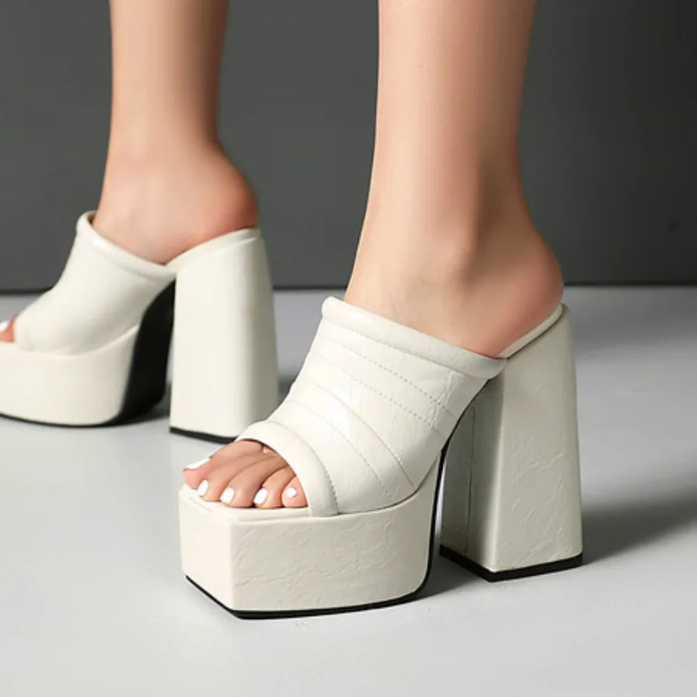 Sexy High Heels Women Slippers Platform 2026 Summer Slides Mules Shoes Leather Black White Red Sandals Large Size Brand