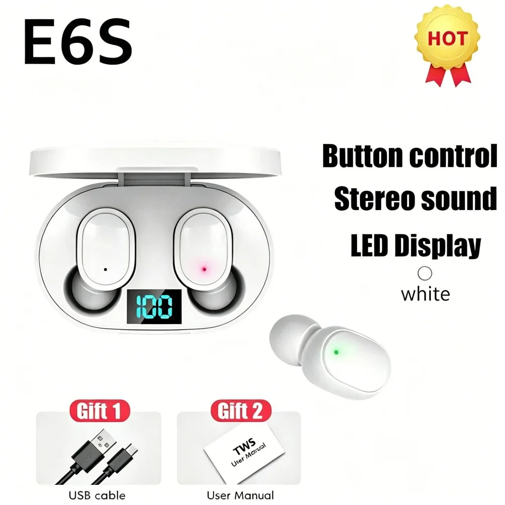 Digital Display Bluetooth Earphones with Mic TWS E6S Wireless Bluetooth Headset Noise Cancelling Headset for Xiaomi Huawei Oppo