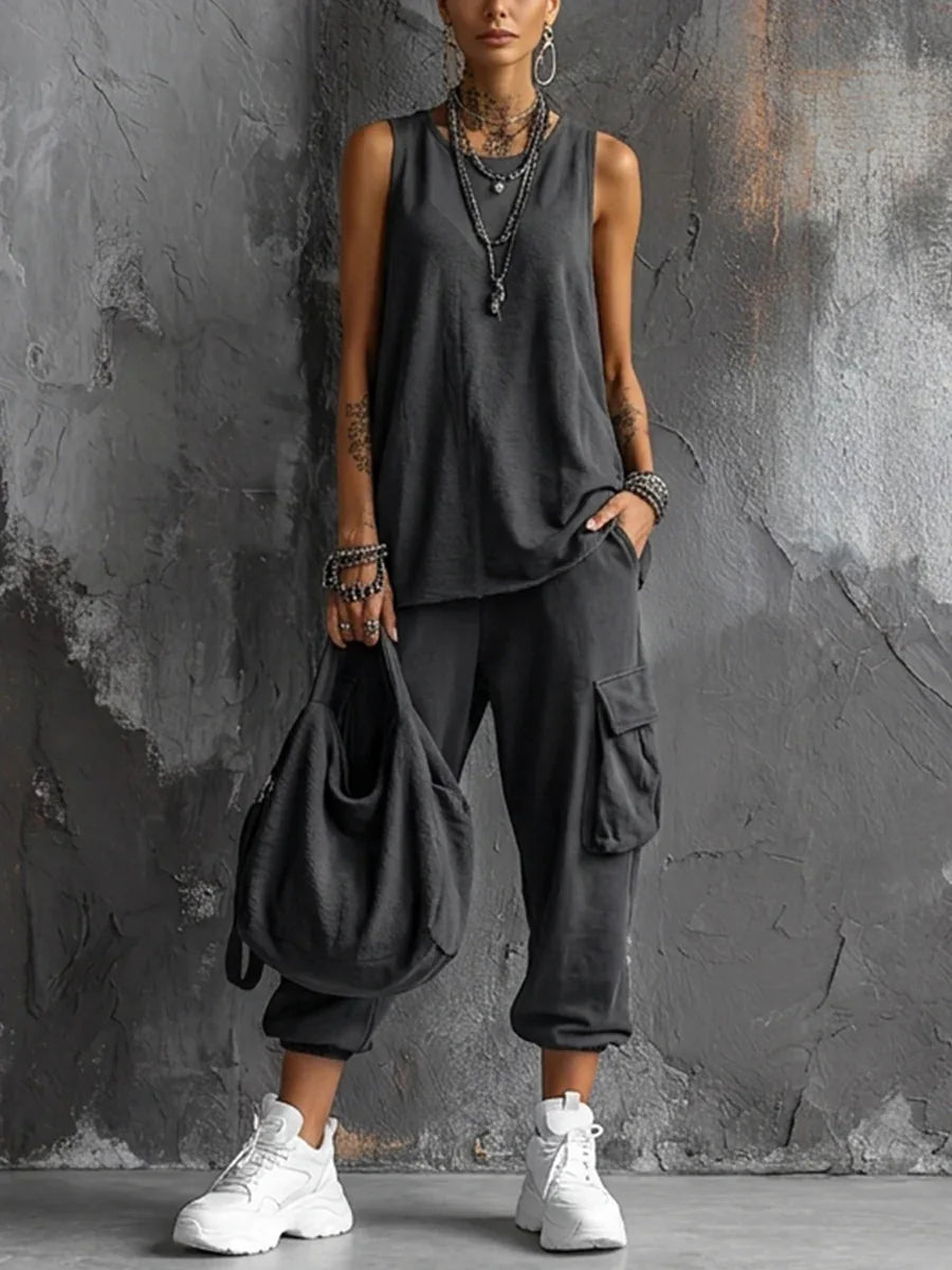 Solid Color Sports Two-piece Set Summer Fashion Sleeveless Top+wide Leg Pants Suit With Pockets Ladies O-neck Streetwear Outfit