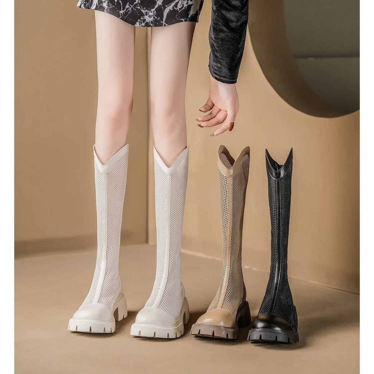 Women Summer Knee-high Mesh High Boots Female Breathable Platform Mesh Lace-up Knight Boots Thick Heel Hollow Long Knight 2025