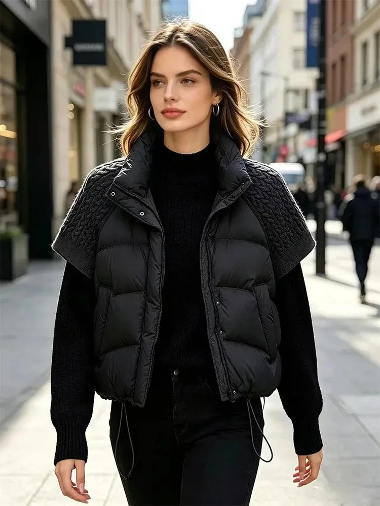Short Puffer Jacket Sleeveless Duck Down Coat Warm Lightweight Patchwork Knitted Warm Drawstring Short Puffer Down Waistcoat