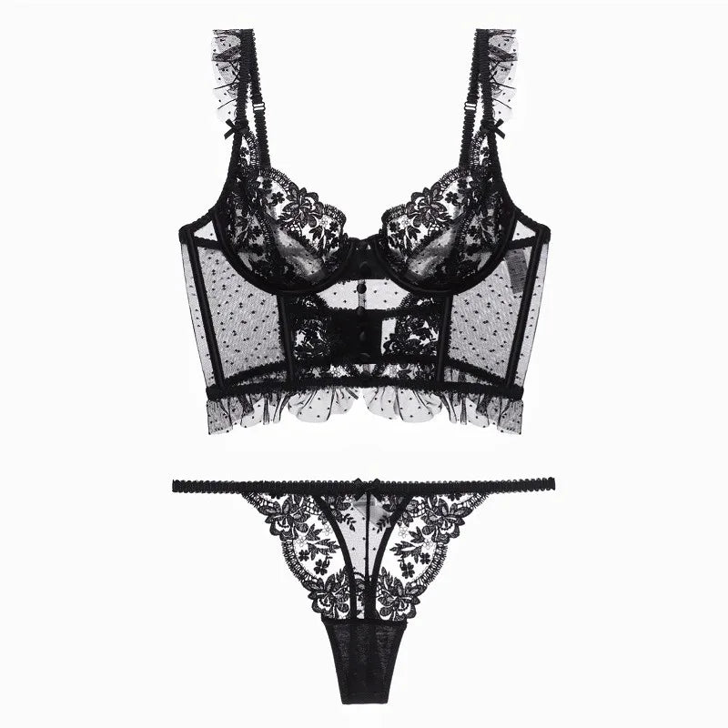 Summer French Lace Bralette Beach Set Sheer Ultra Thin Embroidered Waistcoat Thong See Through Light Support AU S-XL MOYISU BC