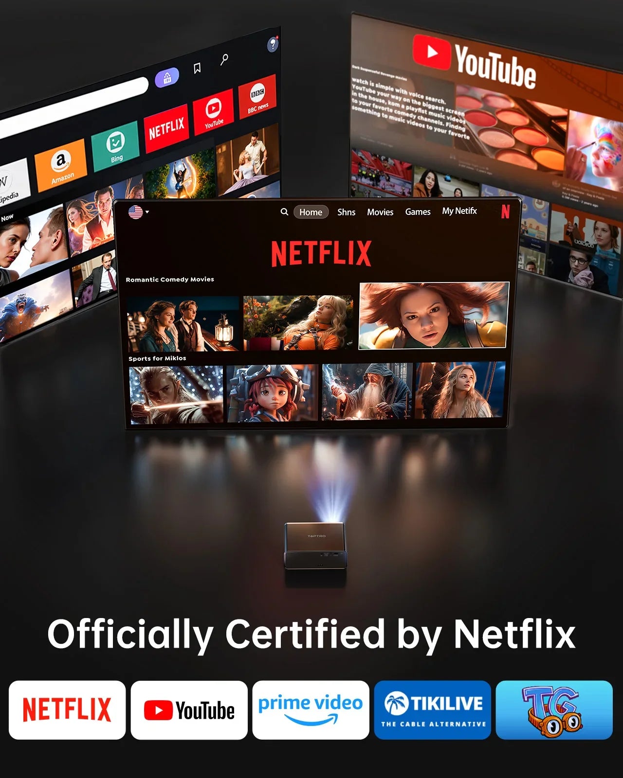 TOPTRO 4K Projector 1000ANSI Auto Focus/Keystone WiFi6 BT5.2 Full HD 1080p Smart Home Theater Movie Projector Official Netflix