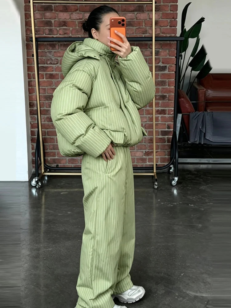 Women Striped Hooded Puffer Two Piece Outfit Oversized Cropped Jacket Baggy Pants Set Daily Outdoor Fashion Matching Outfit