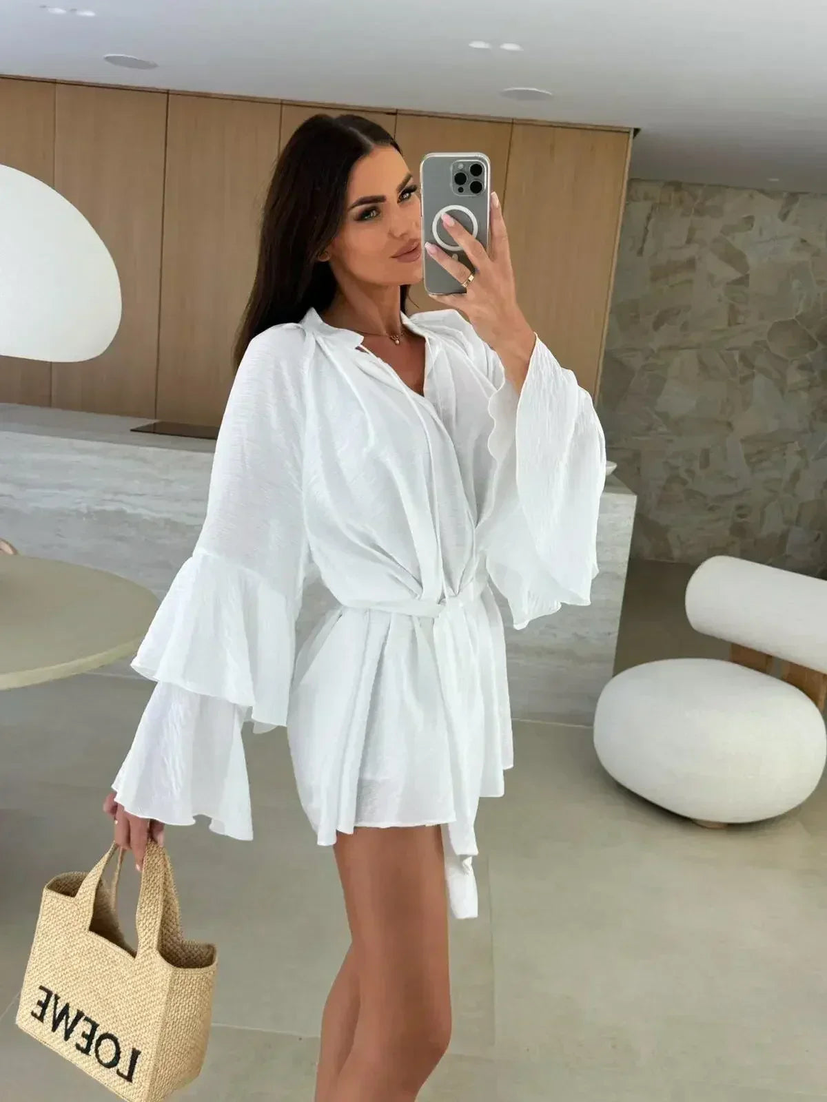 Elegant Fold Dress Women Brown Deep V-neck Long Sleeve Mini Dresses Female 2025 Spring Summer Fashion Loose Lady Vestidos