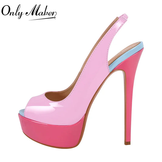 Onlymaker Pink Patent Leather Peep Toe Platform Stilettos Sandals Thin Heel Sexy Buckle Strap  Party Slingback Sandals