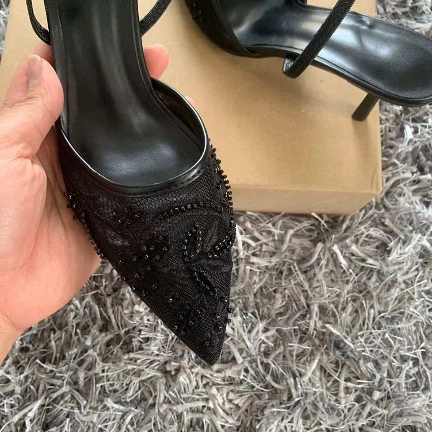 Black Embroidered Mesh Slingback High Heels Sandals for Women Designer Shoes Woman Elegant Style Wedding Party Pumps