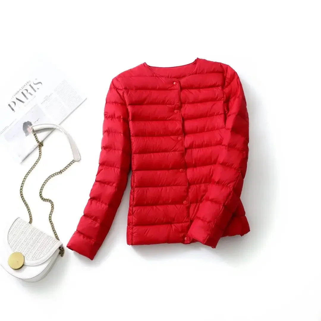 New Female Light Down Coat Women Liner Duck Down Jacket O-neck Variable V-neck 2024 Fall Collarless Light Quilted Puffer Coat
