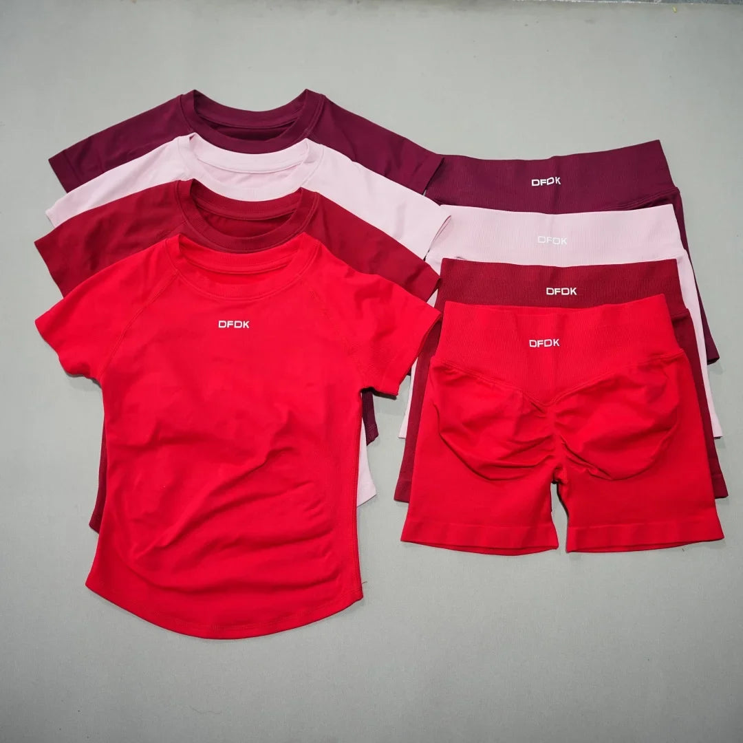 DFDK 2 Piece Athletic Tracksuit, Seamless Short Sleeve Yoga Wear, High Stretch Running Shorts, Gym Training Outfit