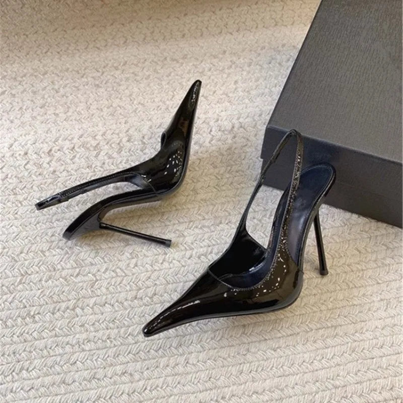 2026 Fashion Non-Slip Wear-Resistant High Heels Women's Pointed Toe Patent Leather Slip-On Sandals