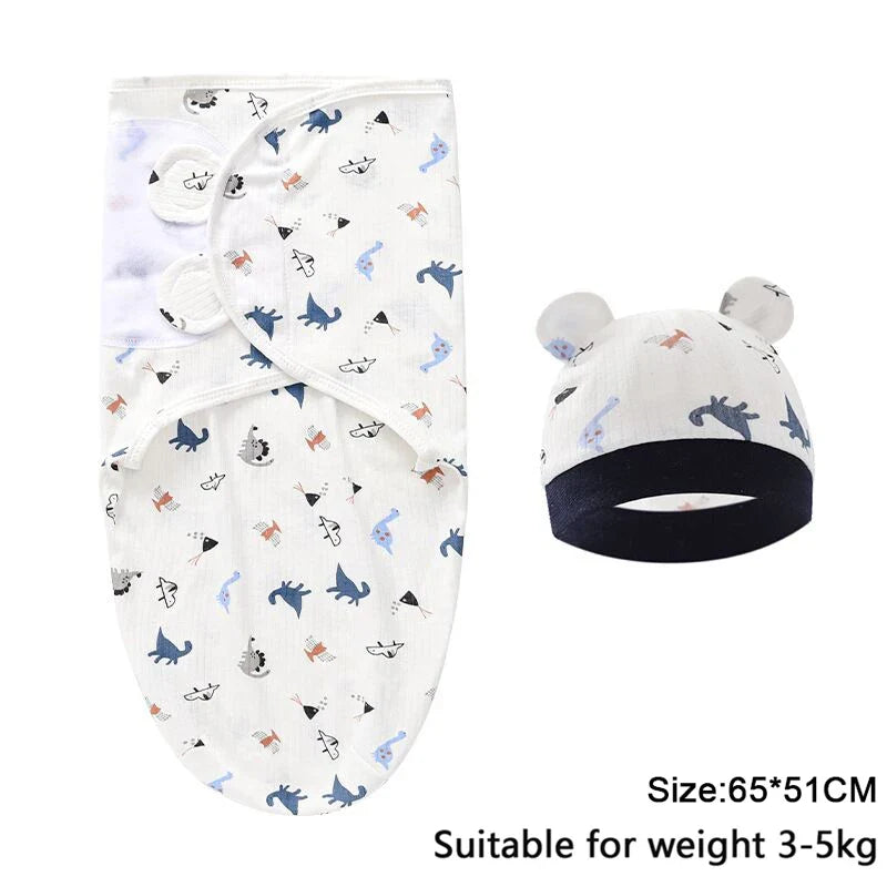 Baby Blanket Hat Set Cartoon Printed Cotton Newborn Swaddle Adjustable