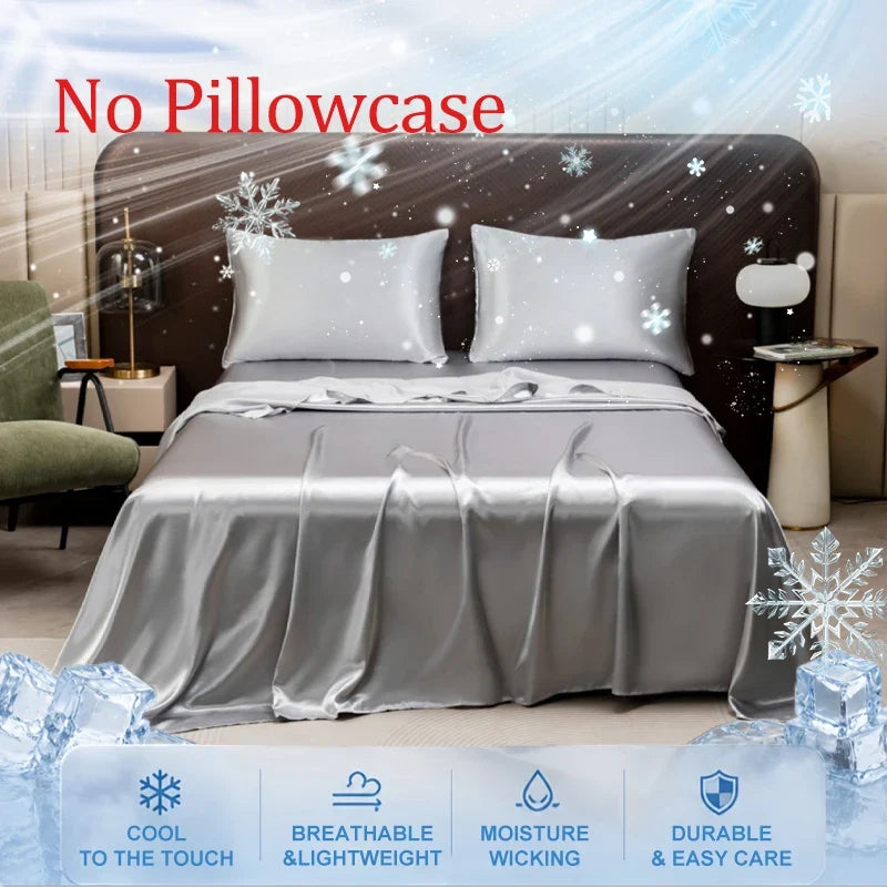 Summer Cooling Bed Sheet Breathable Comfortable Cooling Blanket Ice Silk Fabric Solid Color Flat Sheet Luxury Bedding Sheet