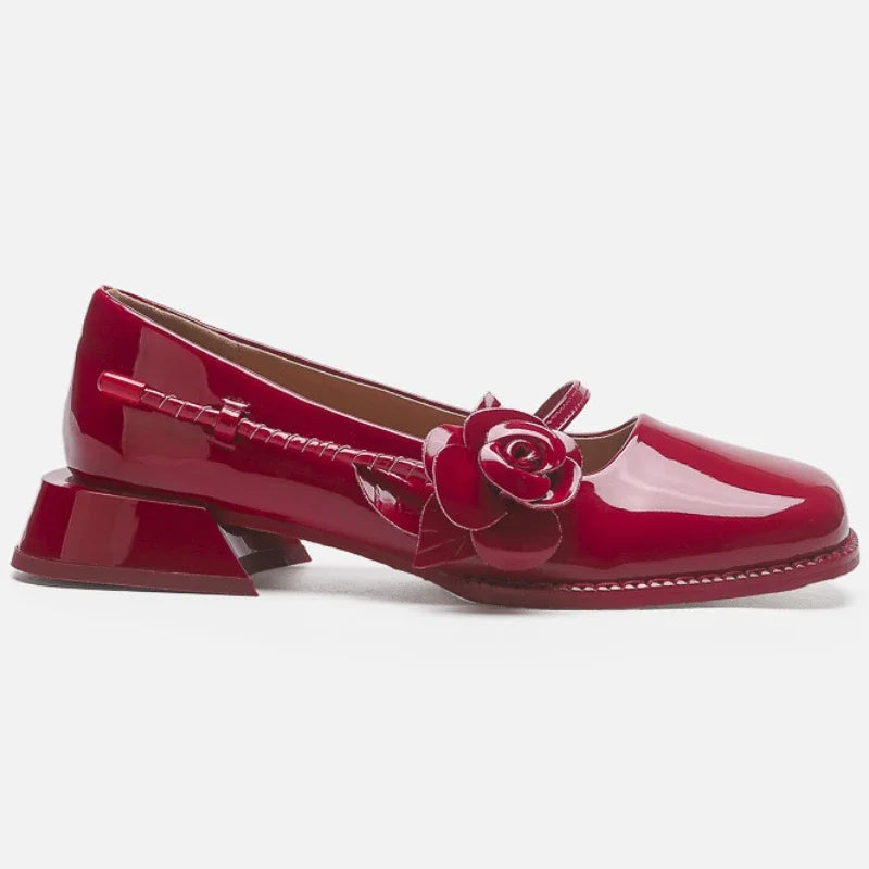 Lacquer Leather Mary Jane Shoes Women Flower Designer Women Shoes Shallow Fashion Square Toe Elegant Chunky Retro Pumps Female