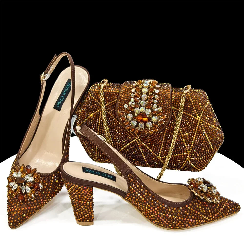 Doershow beautiful Italian Shoes And Bag Sets For Evening Party With Stones Italian Leather Handbags Match Bags! 1-30