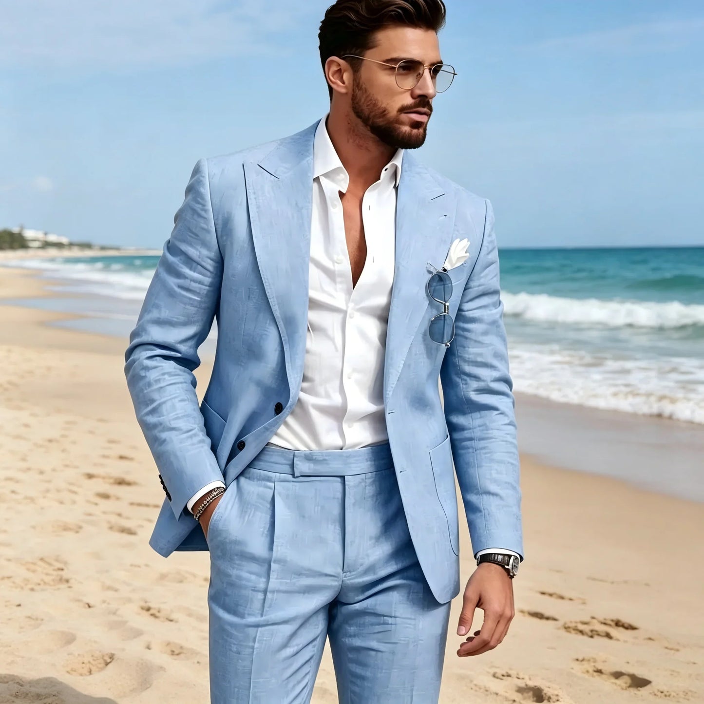 2 Pieces Beige Linen Men Suits Peaked Lapel Slim Fit Blazer Pants