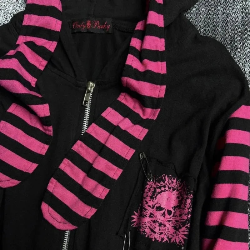 2026 Dark Pink Black Punk Skeleton Printed Striped Sleeve Hoodie Street Style Women's Zipper cardigan Wholesale