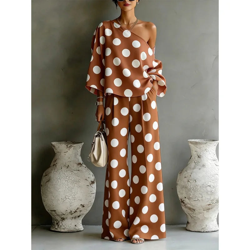 Bohemian Fashion Polka Dot Print Two-piece Set Woman's Foreign Style Slant Collar Top+wide Leg Pants Suit Lady Loose Fit Outfit