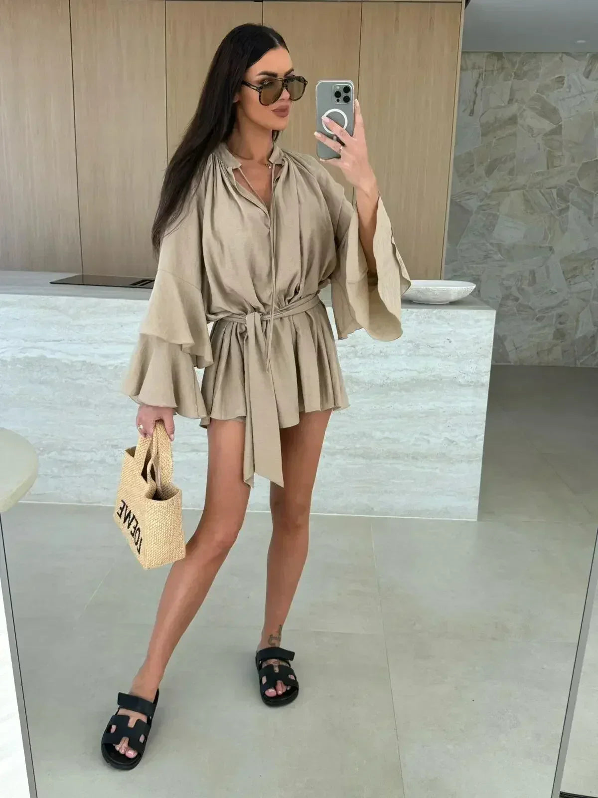 Elegant Fold Dress Women Brown Deep V-neck Long Sleeve Mini Dresses Female 2025 Spring Summer Fashion Loose Lady Vestidos