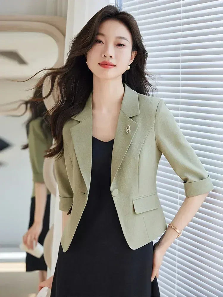 Blazer Negro para Mujer Blazer Ajustado Traje de Trabajo de Oficina para Dama Chaqueta Recortada Primavera Verano Diseño de Top Corto Abrigos Casuales Mujer Un Botón