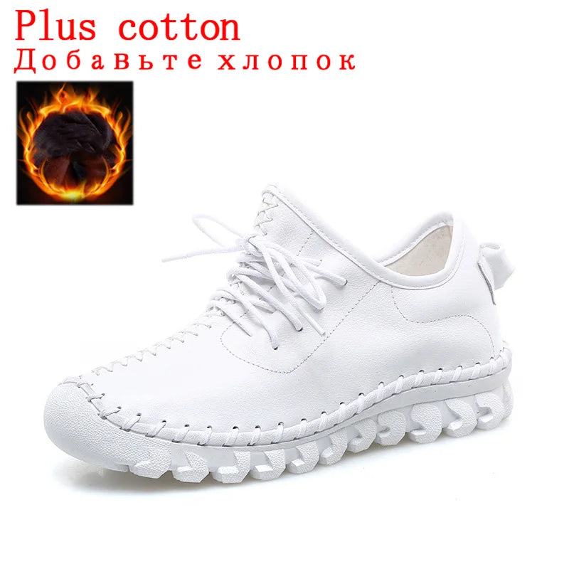 Handmade Genuine Leather Women Shoes Fashion Casual Sneakers Retro Flats Ladies Lacing Loafers Breathable Vulcanized Shoes