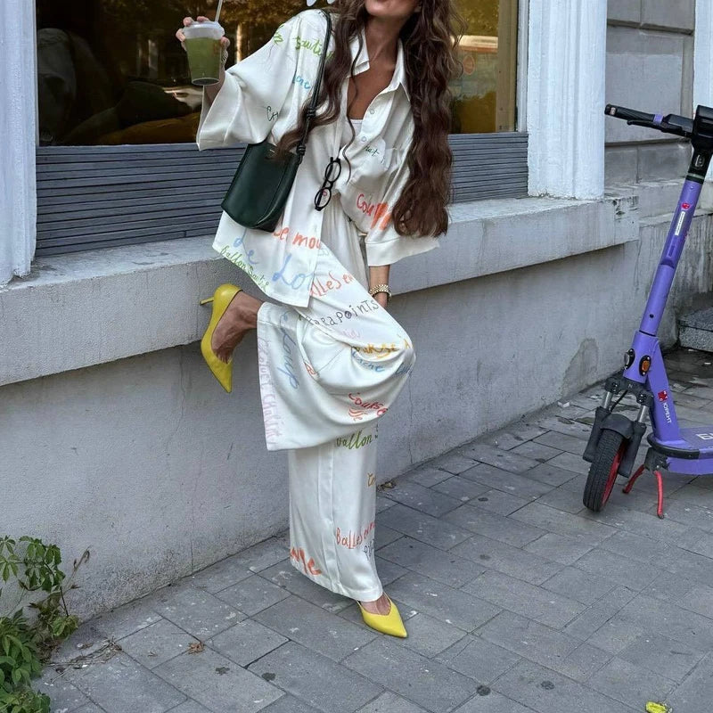 Summer Loose Soft Commute Two Piece Sets Elegant Lady High Waist Pants Set Casual Lapel Long Sleeve Printed Shirts And Pants Set