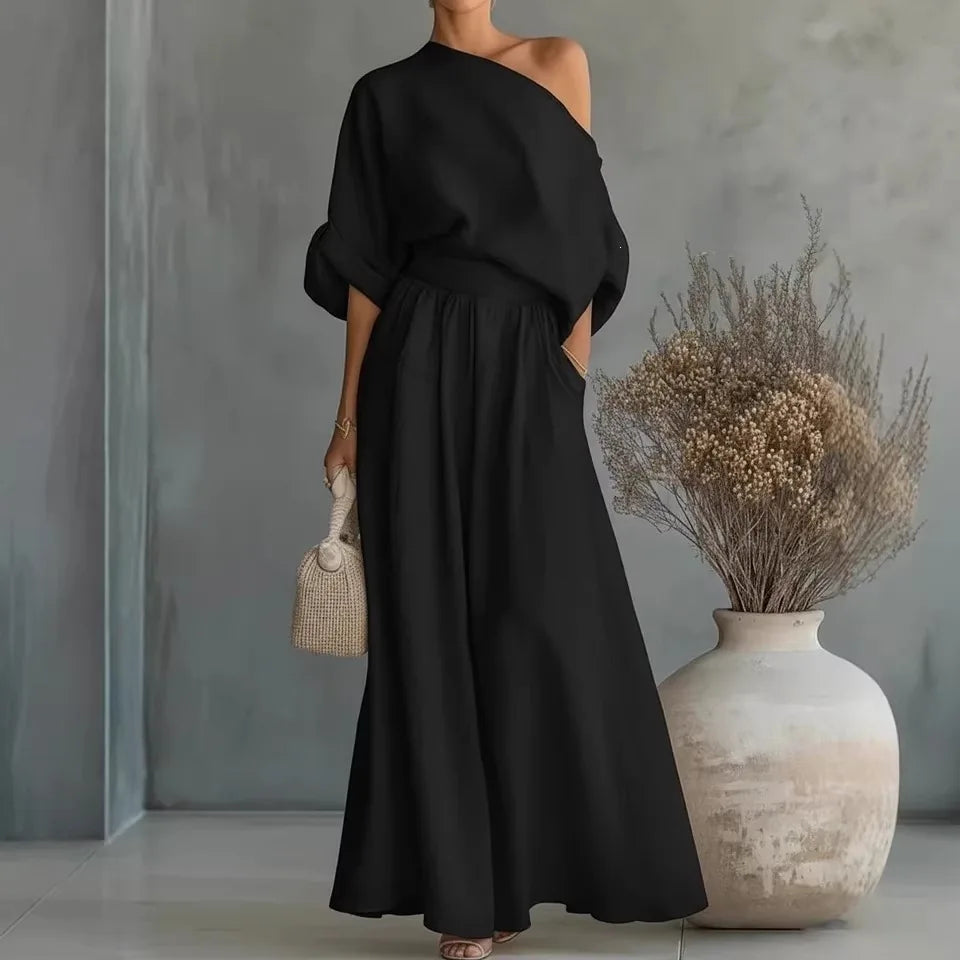 Pant Set Women Elegant Two Piece Sets Skew Collar Half Sleeve Shirt Wide Leg Long Pants Tight Waist Y2k Streetwear Work 2026