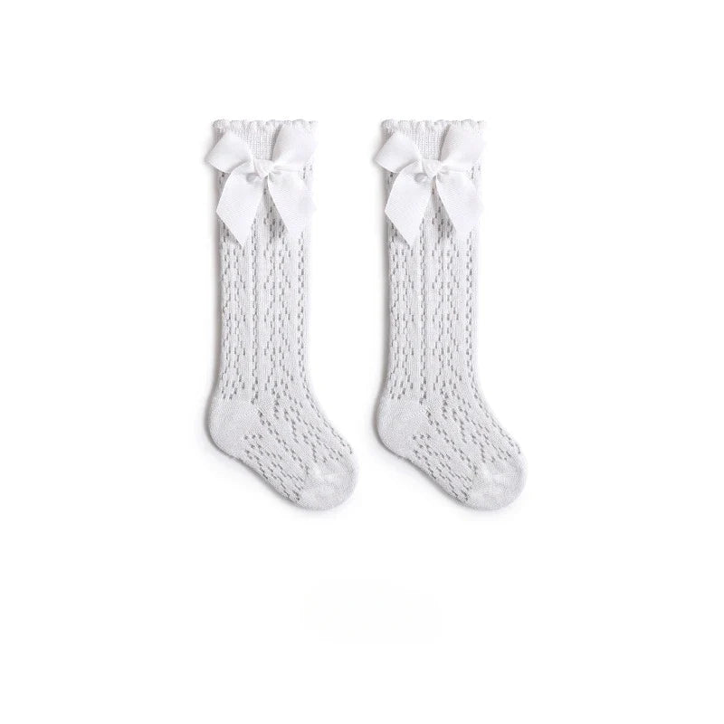 Summer Baby Girls Socks Toddler Bow Long Sock Kids Knee High Soft Cotton Mesh Stocking Spanish Style Hollow Out Lace Socks 0-3Y