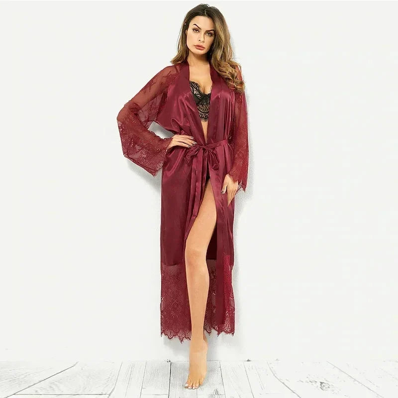 Sleepwear Women's Bathrobe Sexy Lingerie Lace Satin Kimono Sleep Long Dress Robes Pajamas Nightgown