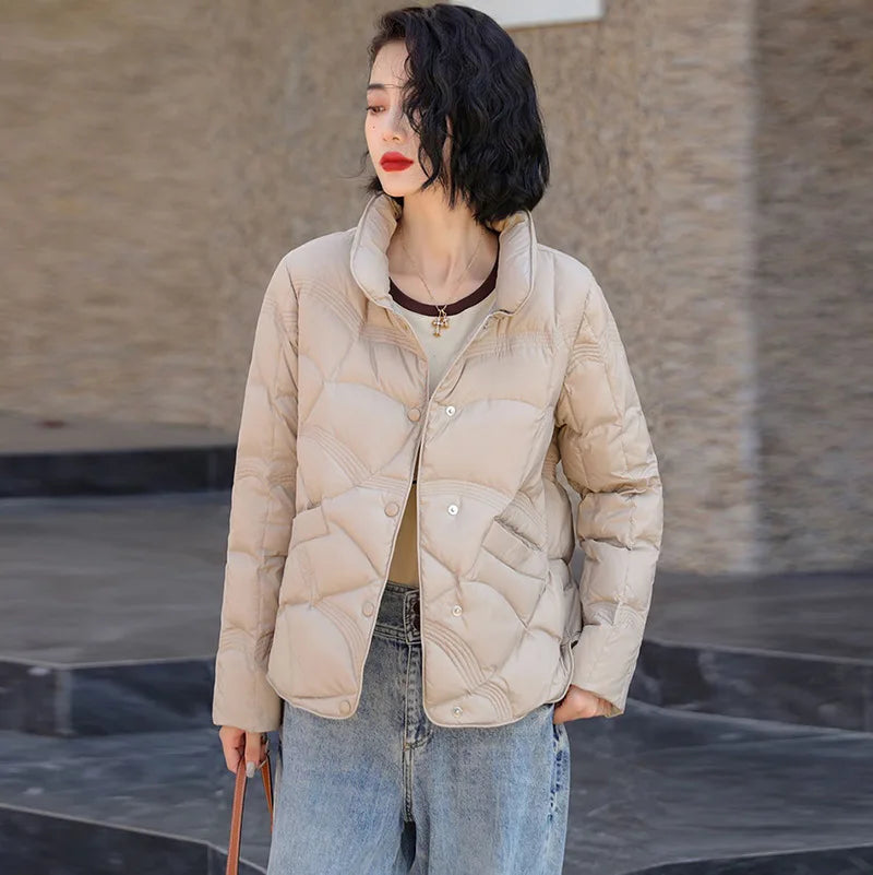 Women's Winter Short Down Jacket Stand Collar Plaid Solid White Duck Down Coat Lady Puffer Jackets  max mara пуховик JK-229
