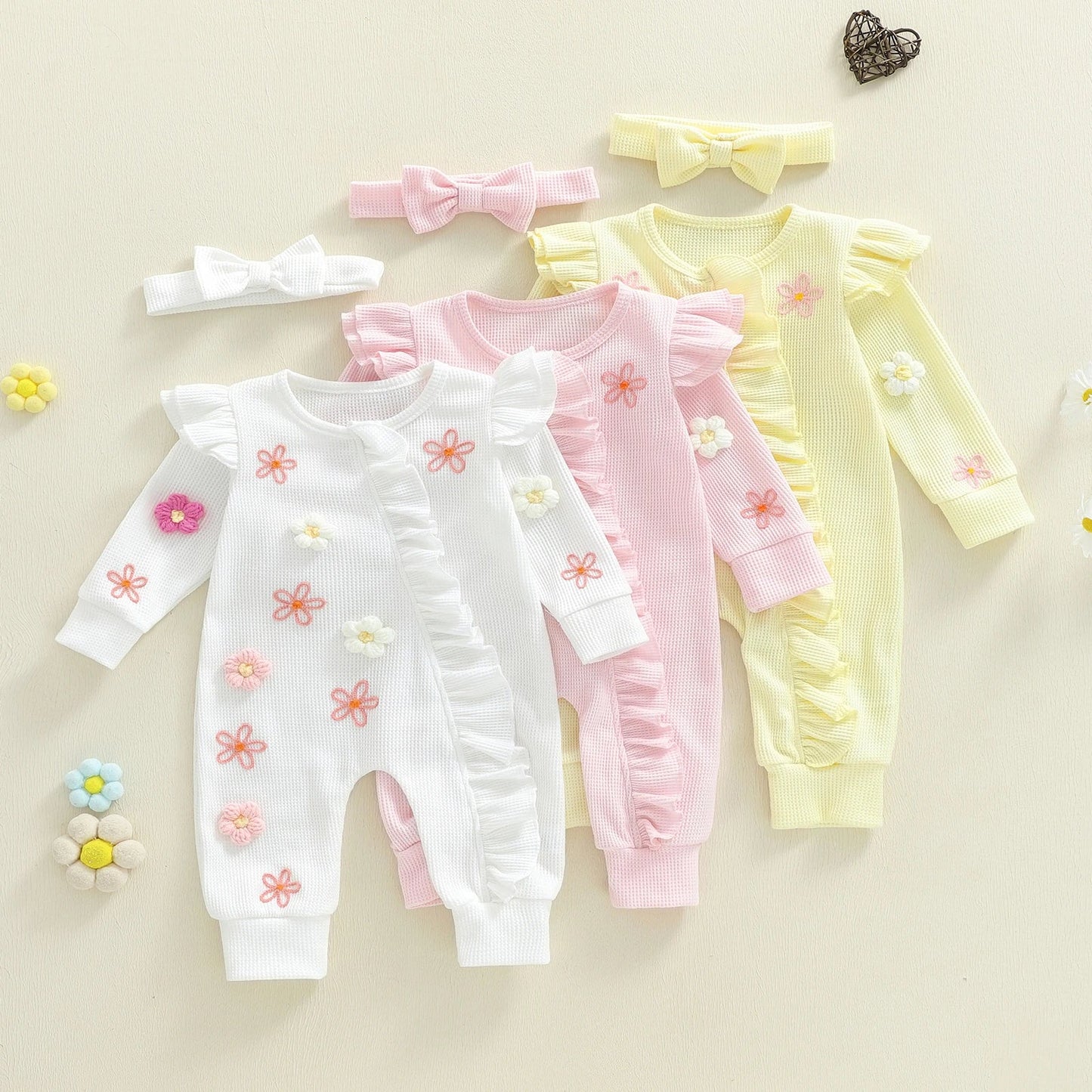 Citgeett Autumn Infant Baby Girl Fall Outfits Long Sleeve Flower Ruffle Jumpsuit Zipper Jumpsuit Headband Clothes Set