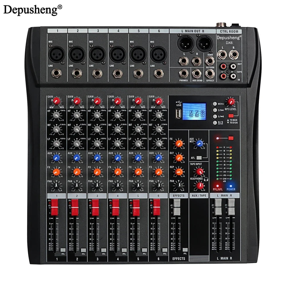 Audio Mixer 6/8/12 Channels Professional DJ mixer LR microphone/line input, AUX,FX processor MP3, headphones, +48V Phantom