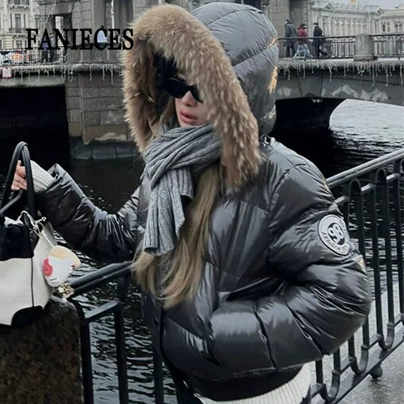 Russian Winter Warm Faux Fur Hooded Quilted Puffer Jacket Women Y2K Retro Padded Short Coat Casual Parka Glossy Outerwear куртка
