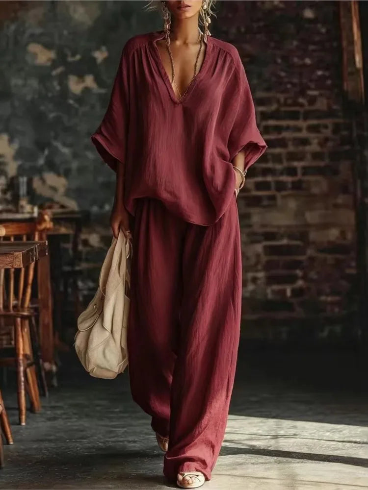 Fashion V-neck Short-sleeved Loose Top Women's Suit Summer New Casual Retro Female Vacation Lazy Trousers 2-piece Set 2026