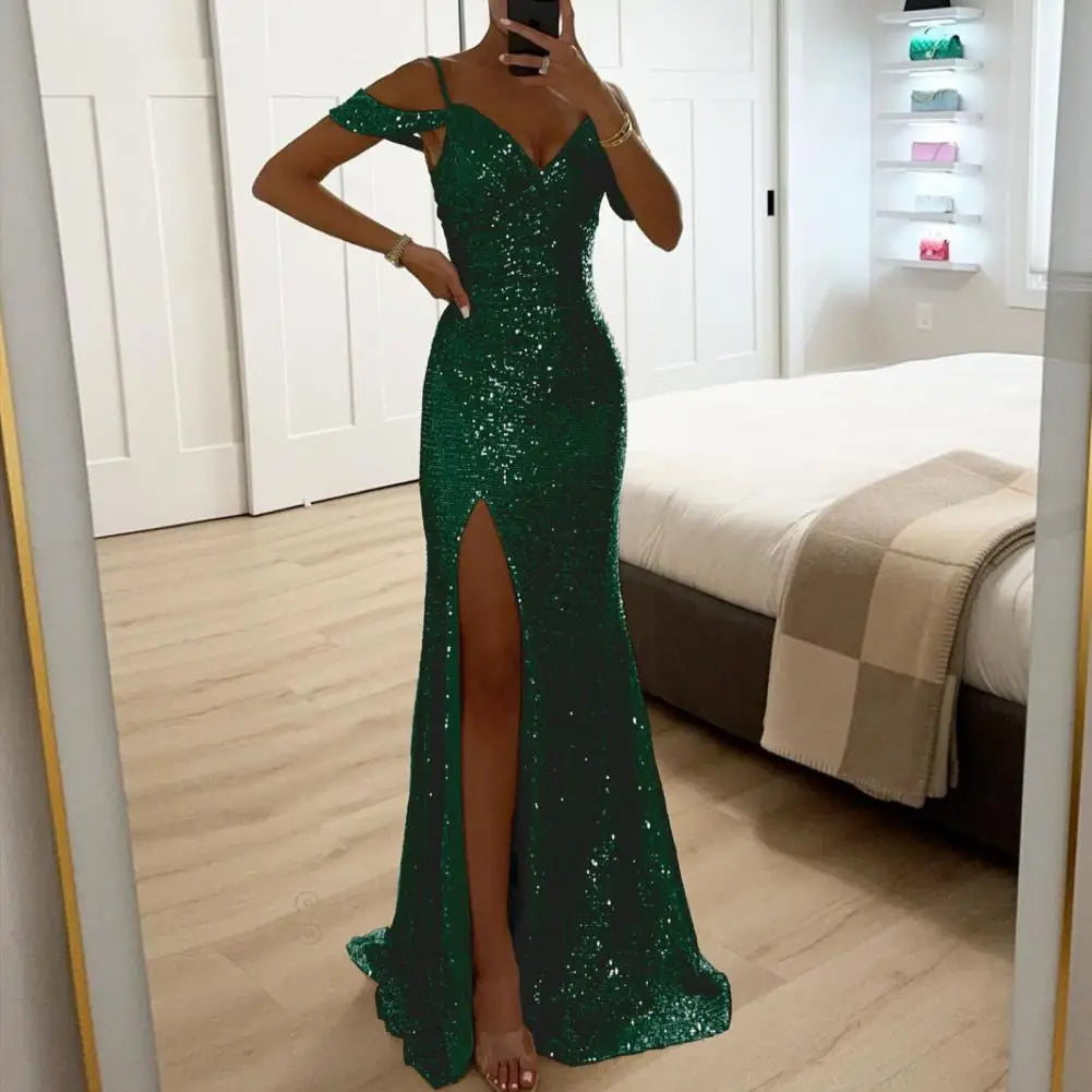 Vestido de mujer con lentejuelas, tirantes, sexy, brillante, lentejuelas, hombros descubiertos, cuello en V, abertura lateral, vestido de fiesta, vestido de fiesta de boda, vestido largo